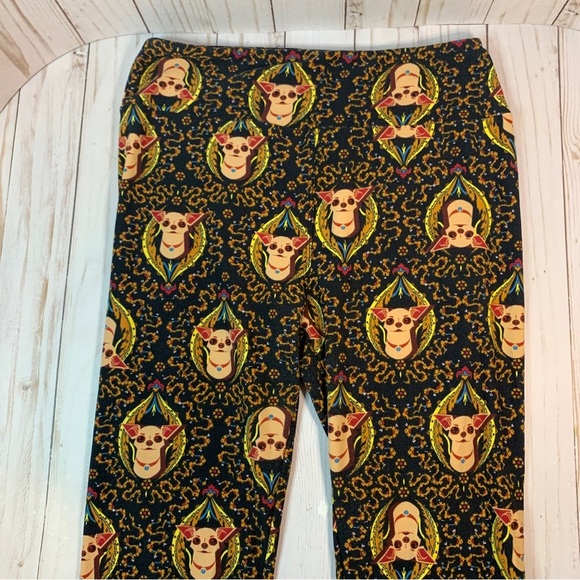 Lularoe Leggings OS Black Floral Chihuahua Dog Print Taco Bell 0872 - Picture 3 of 8